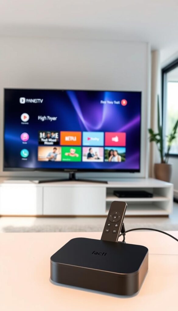 A modern, minimalist home setup with a sleek IPTVANBIETERTV streaming device connected to a large, high-definition TV screen. The device is positioned prominently on a minimalist entertainment center, with clean lines and a neutral color palette. The lighting is soft and diffused, creating a warm, inviting atmosphere. The TV screen displays a vibrant, colorful interface, showcasing the easy-to-navigate IPTVANBIETERTV platform. The room is spacious and uncluttered, with large windows letting in natural light. The overall scene conveys a sense of simplicity, efficiency, and technological sophistication, reflecting the straightforward setup process described in the article.