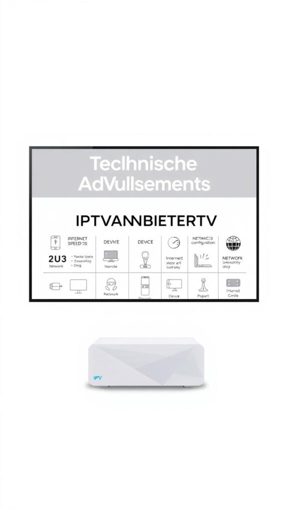 A modern, minimalist illustration depicting the technical requirements for IPTV streaming. In the foreground, a sleek IPTVANBIETERTV logo and the text "Technische Anforderungen" stand out against a clean, white background. In the middle ground, a series of icons and infographic elements illustrate the key technical specifications, such as internet speed, device compatibility, and network configuration. The background features a subtle grid pattern, hinting at the underlying technical infrastructure. The overall mood is professional, informative, and visually appealing, capturing the essence of the "IPTV Streaming for the 2022 FIFA World Cup" article's technical requirements section.
