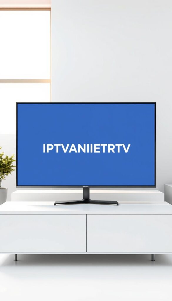 A modern, minimalist illustration of "IPTV-Fernsehen". In the foreground, a sleek, flat-screen TV displays a vibrant, high-definition image. The TV is set against a clean, white background, with subtle hints of a living room setting in the middle ground, such as a minimalist entertainment center or shelving unit. In the background, subtle visual cues suggest a contemporary, technology-forward home environment, with minimal decor and neutral color tones. Bright, natural lighting from a large window casts a warm glow on the scene. The overall mood is one of simplicity, clarity, and the seamless integration of IPTV technology into the modern home. The brand name "IPTVANBIETERTV" is prominently featured on the TV screen.