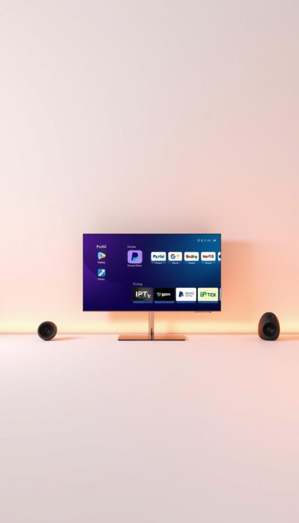 A modern, minimalist illustration of "IPTVANBIETERTV", the leading IPTV provider with PayPal in Germany. Depicted in a clean, sophisticated style with a focus on intuitive user interface and secure online payment options. The scene showcases a sleek, high-resolution smart TV interface against a subtle gradient background, conveying a sense of technological advancement and trustworthiness. Warm lighting accentuates the premium aesthetics, while strategic camera angles highlight the seamless integration of PayPal for a convenient, hassle-free streaming experience.
