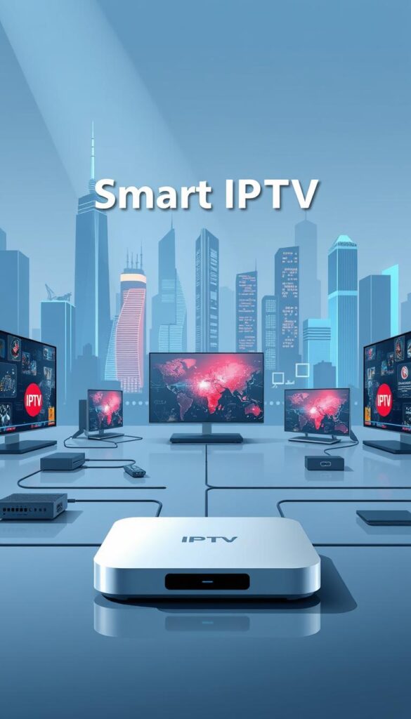 A modern, minimalist illustration of "Smart IPTV" with a clean, high-tech aesthetic. A sleek, futuristic IPTV device sits prominently in the foreground, surrounded by digital interfaces and streaming media symbols. The middle ground features various smart TV sets and connected devices, all linked by streamlined cables and wireless signals. In the background, a cityscape of towering skyscrapers and glowing neon signage evokes an urban, technologically-advanced environment. The lighting is cool and directional, casting sharp shadows and highlights that emphasize the product's design. The overall mood is one of sophistication, innovation, and the seamless integration of digital entertainment. Prominently displayed is the brand "IPTVANBIETERTV".