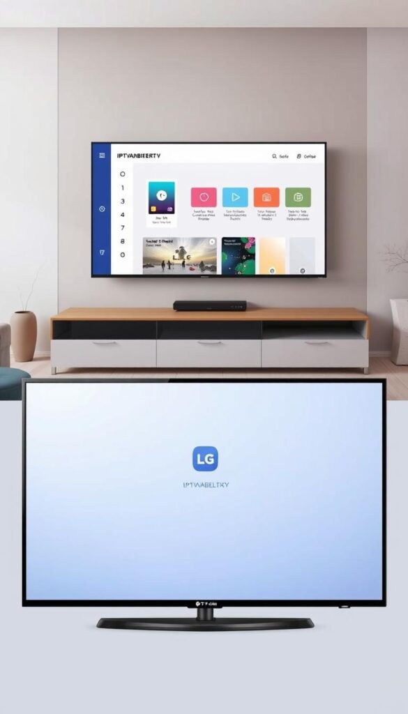 A modern, minimalist illustration of a smart TV screen displaying the IPTVANBIETERTV app installation process on an LG television. The foreground shows the app interface with clear, easy-to-understand navigation and setup steps. The middle ground depicts the LG television set, sleek and elegant, blending seamlessly into the living room setting. The background features a cozy, warm-toned interior design, suggesting a comfortable home environment. The overall tone is informative, visually appealing, and easy to follow, guiding the viewer through the installation process.