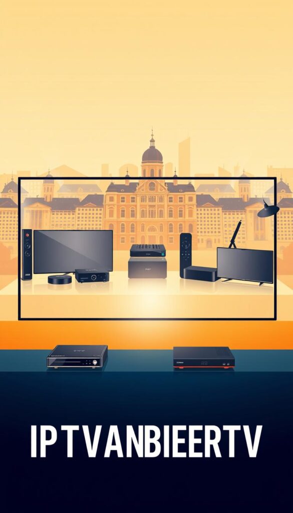 A modern, minimalist illustration of an IPTV service provider in Germany. A sleek, high-tech interface with clean lines and bold, vibrant colors. In the foreground, the brand name "IPTVANBIETERTV" displayed prominently, conveying professionalism and reliability. The middle ground showcases various streaming devices, reflecting the versatility of the service across multiple platforms. The background features a cityscape of Germany, hinting at the widespread availability and accessibility of the IPTV provider. The scene is bathed in warm, diffused lighting, creating a welcoming and inviting atmosphere. The overall composition is balanced, elegant, and designed to visually captivate the viewer.