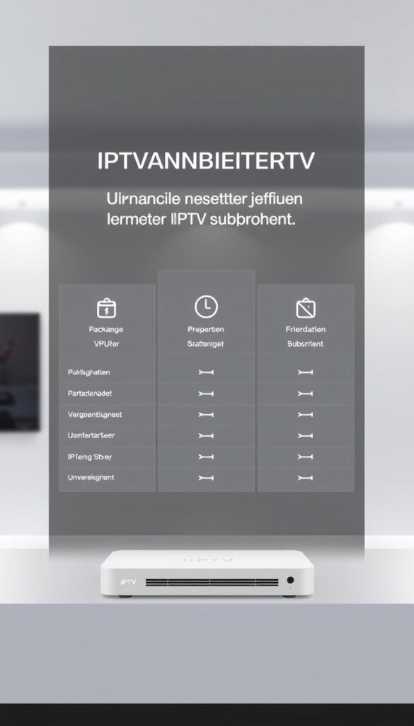 A modern, minimalist illustration of an IPTV subscription pricing table. The table features clean lines, neutral colors, and simple icons to represent different service tiers. The foreground showcases the IPTVANBIETERTV brand prominently, with a sleek logo and product name. The middle ground displays the pricing details in a clear, easy-to-read format, highlighting the different package options. The background features a soft, blurred gradient, creating a sense of depth and drawing the viewer's focus to the pricing information. The overall mood is professional, informative, and visually appealing, reflecting the "Attraktive Preisgestaltung für jeden Bedarf" section of the article. A modern, minimalist illustration of an IPTV subscription pricing table. The table features clean lines, neutral colors, and simple icons to represent different service tiers. The foreground showcases the IPTVANBIETERTV brand prominently, with a sleek logo and product name. The middle ground displays the pricing details in a clear, easy-to-read format, highlighting the different package options. The background features a soft, blurred gradient, creating a sense of depth and drawing the viewer's focus to the pricing information. The overall mood is professional, informative, and visually appealing, reflecting the "Attraktive Preisgestaltung für jeden Bedarf" section of the article.
