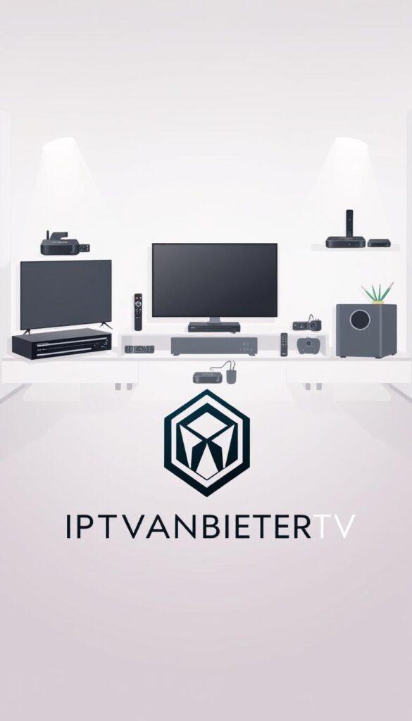 A modern, minimalist illustration of an affordable, lifetime IPTV subscription. The foreground features the IPTVANBIETERTV logo rendered in a sleek, geometric style against a soft, gradient background. The middle ground showcases an array of streaming devices, remote controls, and other home entertainment equipment in muted, complementary tones. The background depicts a serene, living room setting with clean lines, neutral furnishings, and subtle lighting to convey a sense of comfort and simplicity. The overall mood is one of sophistication, affordability, and the enduring value of a lifetime IPTV service.