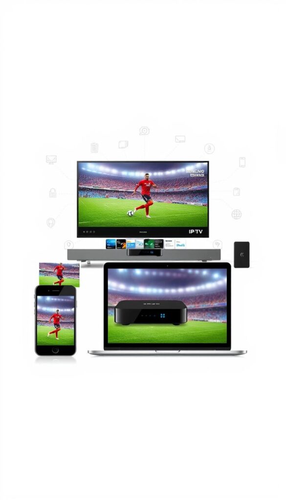 A modern, minimalist illustration of various devices and platforms seamlessly connected and supported by IPTVANBIETERTV's comprehensive IPTV service. In the foreground, a sleek smartphone, tablet, and laptop are arranged in a harmonious composition, their screens displaying live football match footage. The middle ground features a smart TV and streaming box, representing the flexibility of IPTV viewing across multiple devices. The background subtly suggests a vibrant, interconnected digital ecosystem, with subtlely rendered icons and graphic elements conveying the idea of "Multigeräte-Unterstützung". The overall tone is clean, sophisticated, and technologically advanced, capturing the essence of the IPTV experience.