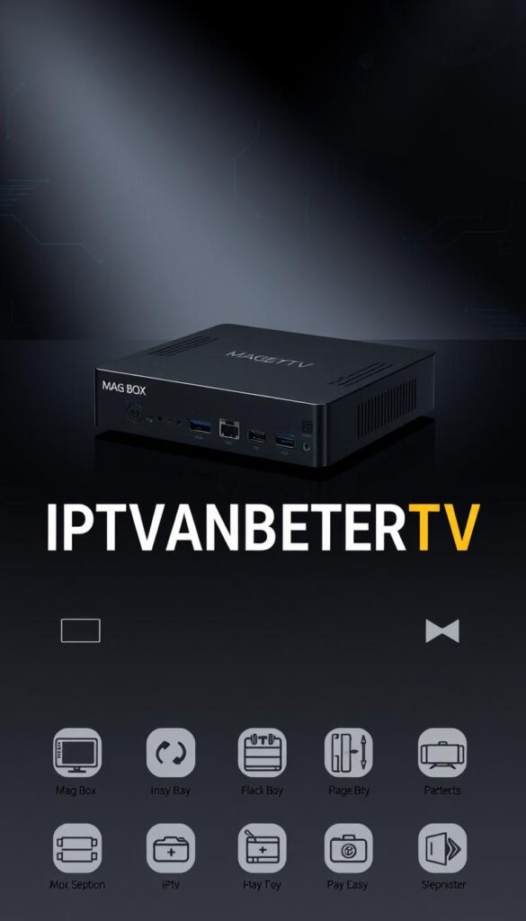 A modern, minimalist illustration showcasing a MAG box device on a sleek, dark background. The MAG box is rendered in intricate detail, with a focus on its compact, rectangular design and distinctive ports and connectors. The foreground features the prominent "IPTVANBIETERTV" brand name, stylized with a clean, contemporary typeface. The middle ground showcases various compatible IPTV service icons, depicted as simple, geometric symbols. The background subtly hints at the technological aspects of IPTV, with subtle grid patterns and digital textures adding depth and sophistication to the overall composition. The lighting is soft and directional, creating depth and highlighting the key elements. The overall mood is one of professionalism, reliability, and technological prowess.
