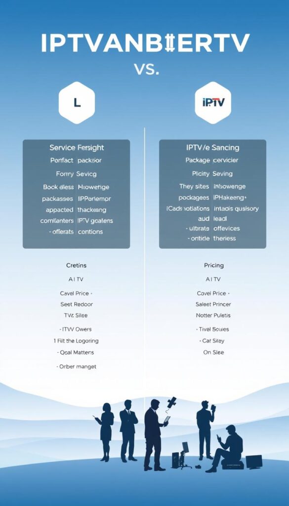 A modern, minimalist illustration showcasing a side-by-side comparison of IPTVANBIETERTV and other IPTV providers. The foreground features clean, geometric shapes representing the various services, packages, and pricing options. The middle ground depicts silhouettes of people using different devices to access IPTV content, conveying the cross-platform compatibility. The background is a soft, gradient-based landscape, evoking a sense of technology and innovation. The overall aesthetic is sleek, professional, and designed to highlight the key features and benefits of IPTVANBIETERTV versus its competitors in a visually engaging manner.