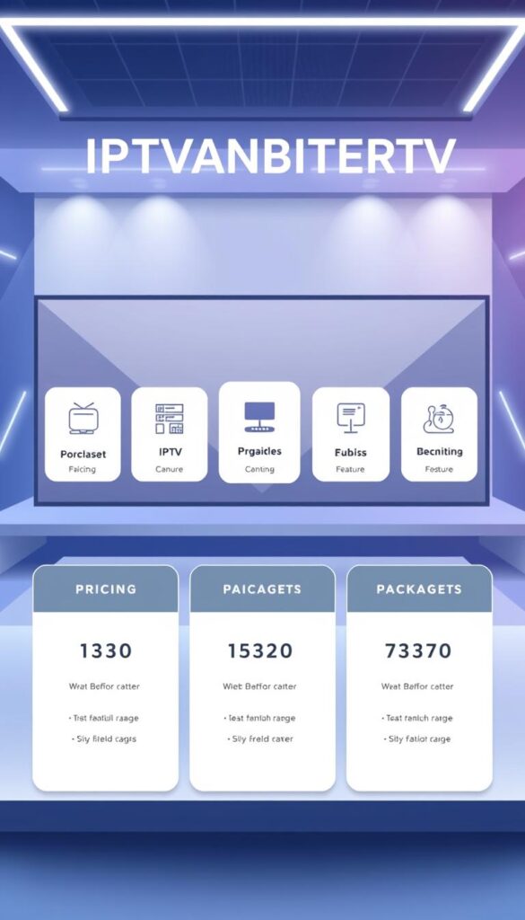 A modern, minimalist illustration showcasing the "IPTVANBIETERTV" IPTV service's pricing and package offerings. In the foreground, clear and concise pricing details are displayed, using a clean, legible typography. The middle ground features various IPTV package icons, each highlighting the unique features and benefits. The background depicts a sleek, high-tech environment, with subtle gradients and geometric patterns, conveying a sense of professionalism and innovation. The overall composition is balanced, with a focus on clarity and simplicity, allowing the key information to be easily digestible for the viewer.