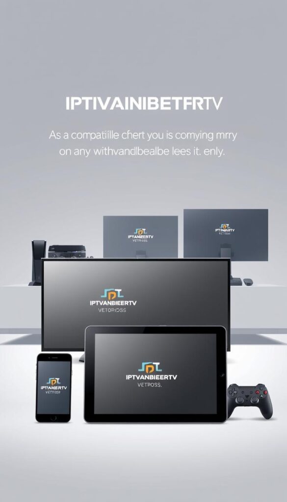 A modern, minimalist illustration showcasing the compatibility of IPTVANBIETERTV across a variety of devices. In the foreground, a sleek smart TV, tablet, and smartphone are prominently displayed, each with the IPTVANBIETERTV logo. The middle ground features a desktop computer and gaming console, also compatible with the service. The background subtly suggests a contemporary living space, with clean lines and muted colors creating a sense of high-tech elegance. Soft, diffused lighting illuminates the scene, highlighting the seamless integration of IPTVANBIETERTV across multiple platforms. The overall composition conveys a message of versatility, accessibility, and the effortless enjoyment of IPTVANBIETERTV on any compatible device.