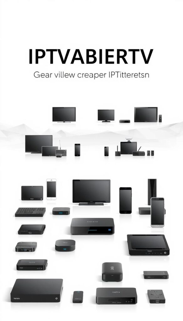 A modern, minimalist illustration showcasing the device compatibility of IPTVANBIETERTV, Germany's premier IPTV service. In the foreground, an array of contemporary consumer electronics - smart TVs, smartphones, tablets, and streaming devices - arranged in an orderly grid against a clean, white background. The devices are depicted with a sleek, high-tech aesthetic, hinting at the seamless integration and versatility of the IPTVANBIETERTV platform. The middle ground features subtle gradient patterns or geometric shapes, adding visual interest and depth. The background is a serene, monochromatic palette, allowing the featured devices to take center stage and emphasize their compatibility across a wide range of modern media devices.