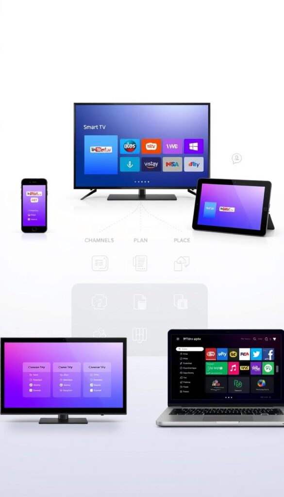 A modern, minimalist illustration showcasing the flexible IPTV subscription options provided by IPTVANBIETERTV. The foreground features an array of devices - a smart TV, smartphone, tablet, and laptop - each displaying a different package or plan. The middle ground depicts abstract shapes and icons representing various channels, features, and pricing tiers. The background is a clean, gradient-based environment, creating a sense of sophistication and technological advancement. Bright, vibrant colors and sleek, contemporary design elements convey the user-friendly and comprehensive nature of the IPTV-Abonnement offerings.