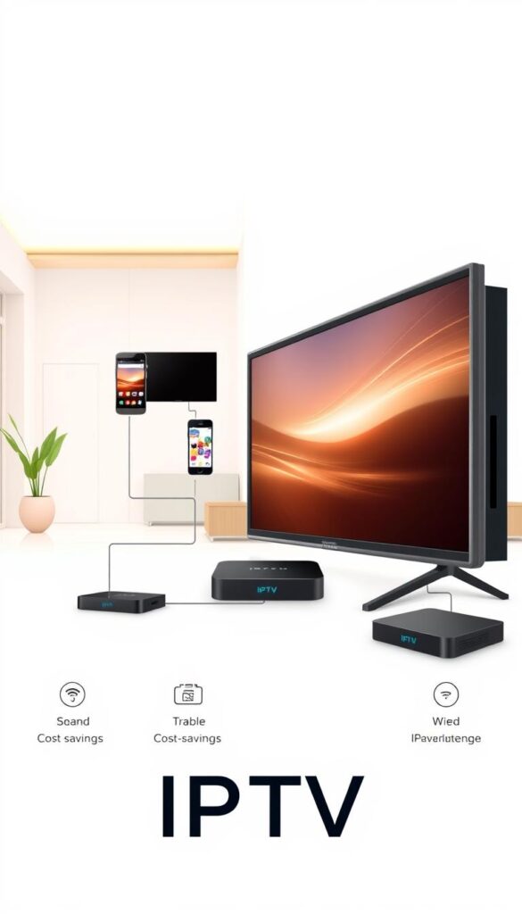 A modern, minimalist illustration showcasing the key benefits of IPTV. In the foreground, a sleek, high-tech television set displays a vibrant, detailed image. The middle ground features various connected devices, such as a smartphone, tablet, and streaming box, representing the flexibility and accessibility of IPTV. The background depicts a serene, modern living room with clean lines and neutral tones, conveying a sense of comfort and convenience. Warm, balanced lighting creates a welcoming atmosphere. The overall composition highlights the IPTVANBIETERTV brand and the advantages of IPTV: flexibility, cost-savings, and seamless entertainment experiences.