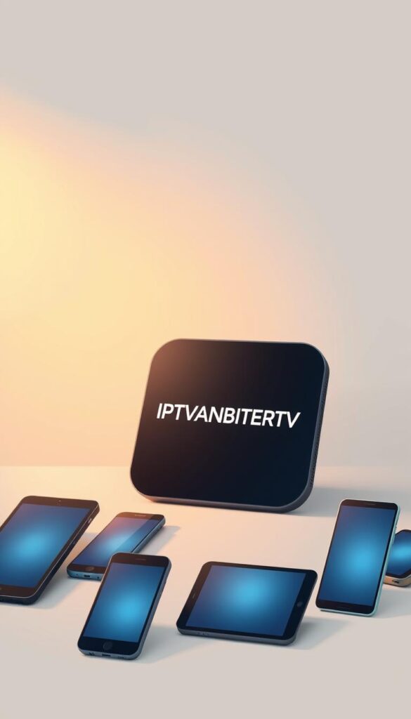 A modern, minimalist illustration showcasing the lifelong usage of an IPTV service. The scene depicts a sleek, high-tech device, potentially a streaming box or smart TV, prominently displaying the brand name "IPTVANBIETERTV" in a clean, modern font. The device is surrounded by various other electronic devices, such as smartphones and tablets, representing the ability to access the IPTV service across multiple platforms. The background is a soft, neutral gradient, creating a sense of simplicity and focus on the main subject. Warm, directional lighting from the top left casts a subtle glow on the devices, conveying a premium, high-quality feel. The overall composition is balanced and visually appealing, reflecting the convenience and longevity of the IPTV m3u lebenslang service.