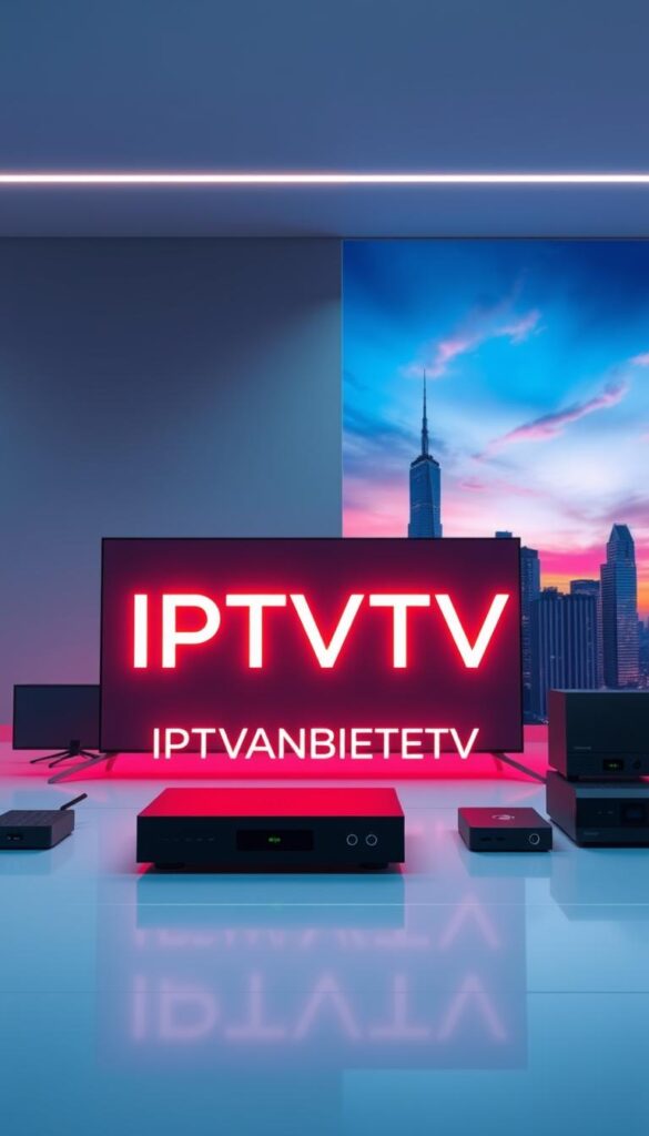 A modern, minimalist image of the IPTVANBIETERTV brand in a sleek, high-tech setting. The logo is prominently displayed in the foreground, rendered in a bold, geometric font with a vibrant, neon-like glow. The middle ground features a simplified depiction of various streaming devices, such as smart TVs and set-top boxes, hinting at the brand's compatibility with multiple platforms. The background showcases a clean, futuristic cityscape with towering skyscrapers and a vibrant, colorful sky, conveying a sense of technological advancement and innovation. The lighting is dramatic, creating depth and emphasizing the brand's visual identity. The overall mood is one of sophistication, reliability, and cutting-edge technology, reflecting the image of the "best IPTV provider in Germany".