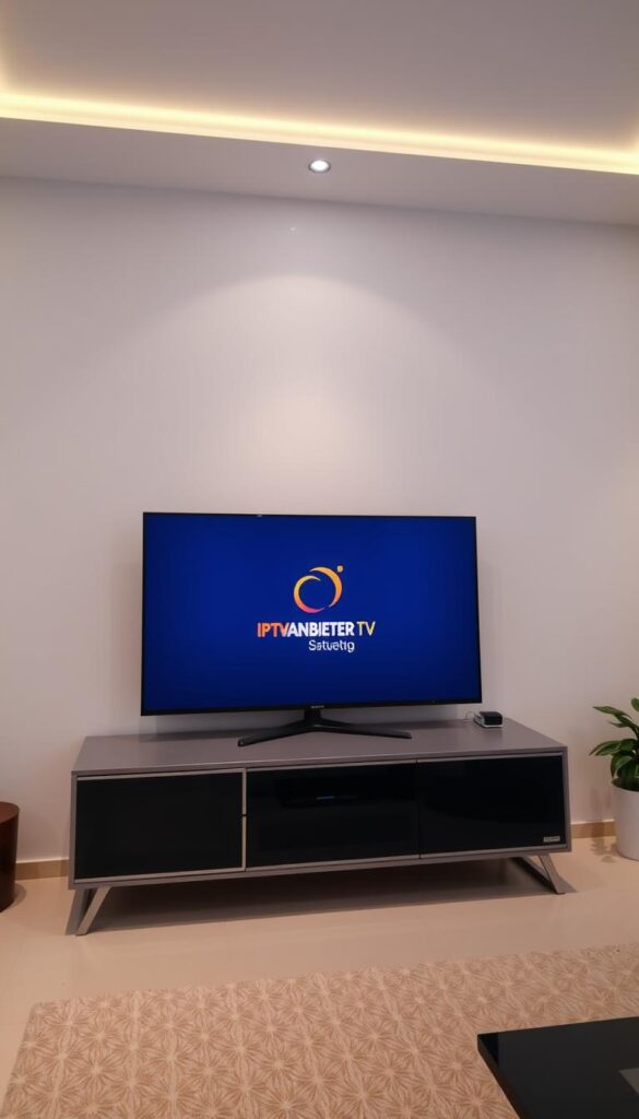 A modern, minimalist interior setting with a sleek, contemporary TV stand displaying the IPTVANBIETERTV brand logo. The TV screen shows a simple user interface for IPTV setup, with clean lines and intuitive icons. The space is well-lit, with soft, diffused lighting creating a warm, inviting atmosphere. The room features muted, neutral tones, with a few small decorative elements that complement the overall design. The angle is slightly elevated, capturing the TV setup at an eye-level perspective, emphasizing the simplicity and user-friendliness of the IPTV installation process.