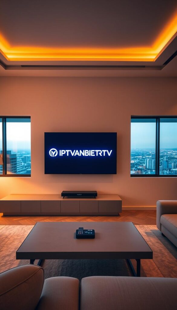 A modern, minimalist interior with a large flatscreen TV mounted on the wall. The TV screen displays the IPTVANBIETERTV brand logo in a sleek, stylized font. The room is bathed in warm, ambient lighting, creating a cozy and inviting atmosphere. In the foreground, there is a low, contemporary coffee table with a remote control and a streaming device, hinting at the advanced IPTV capabilities. The middle ground features comfortable, plush seating arrangements, encouraging viewers to settle in and enjoy the extensive channel selection. In the background, large windows provide a scenic view of a vibrant cityscape, suggesting the wide range of entertainment options available through the IPTV service.