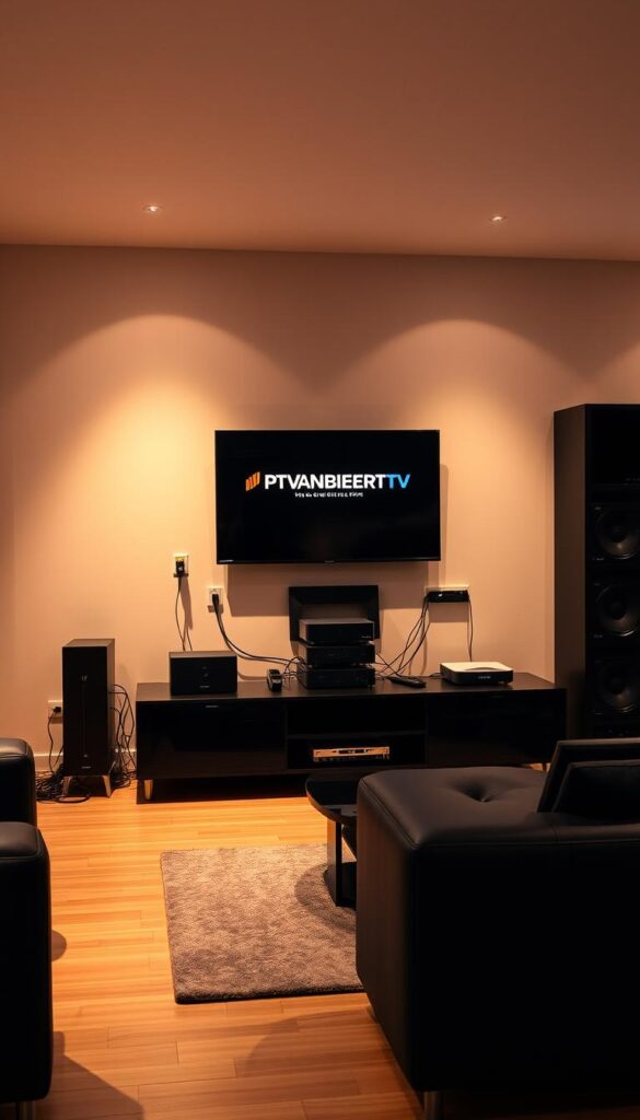 A modern, minimalist interior with sleek, dark-colored furniture and high-tech electronics. In the center, a large, flat-screen TV mounted on the wall displays the IPTVANBIETERTV logo. Surrounding the TV are various networking devices and cables, neatly organized and tucked away. The lighting is warm and indirect, creating a cozy and sophisticated atmosphere. The walls are a neutral, calming color, and the floor is a smooth, hardwood surface. Overall, the scene conveys a sense of advanced technology and quality home entertainment.