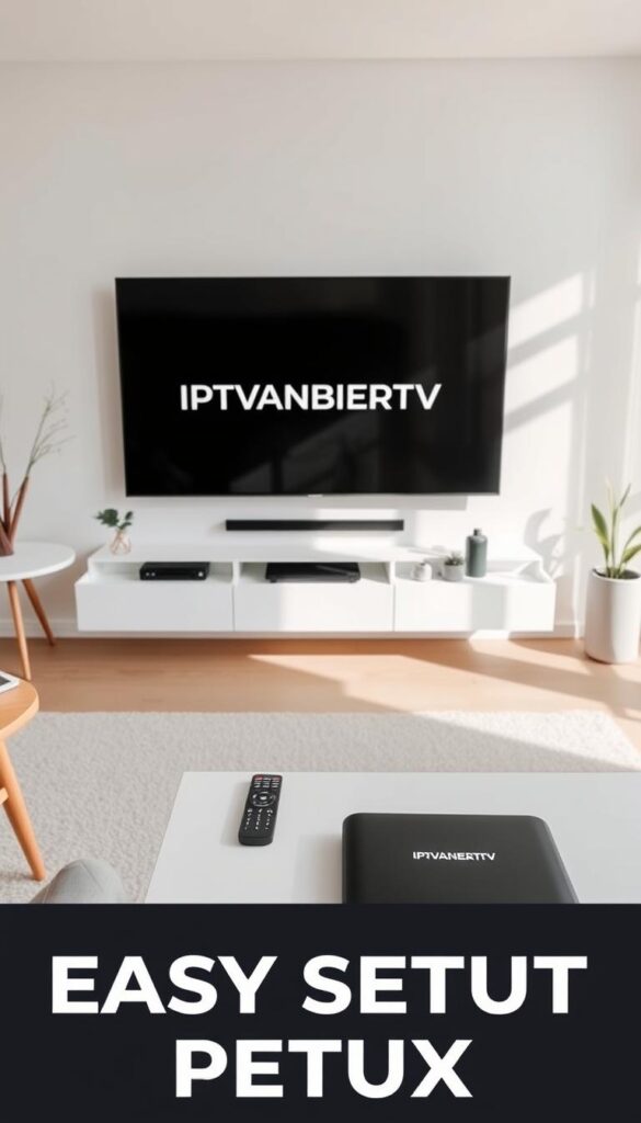 A modern, minimalist living room interior with a sleek smart TV display showcasing the IPTVANBIETERTV brand. The room is filled with natural light streaming through large windows, creating a warm and inviting atmosphere. On a clean, white media console, a remote control and a set-top box with the IPTVANBIETERTV logo are prominently displayed, indicating the easy setup process. The space is decorated with modern, Scandinavian-inspired furniture and accents, reflecting a sophisticated and contemporary aesthetic. The overall scene conveys a sense of simplicity, convenience, and technological sophistication, perfectly complementing the article's focus on the straightforward installation and setup of a premium IPTV service.