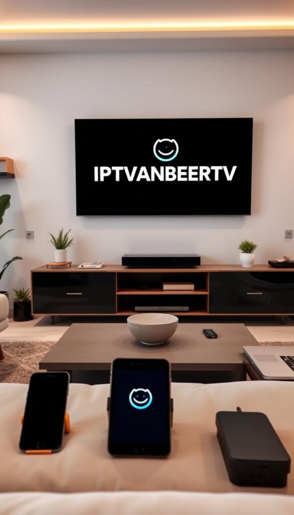 A modern, minimalist living room setting with a large flatscreen TV mounted on the wall. On the TV screen, the IPTVANBIETERTV logo is prominently displayed. In the foreground, various digital devices such as a smartphone, tablet, and laptop are arranged, showcasing the versatility of the IPTV service across multiple platforms. The lighting is soft and warm, creating a cozy and inviting atmosphere. The room is decorated with plants, shelves, and subtle home accents, conveying a sense of comfort and flexibility. The overall scene highlights the seamless integration of IPTV technology into a contemporary, tech-savvy lifestyle.
