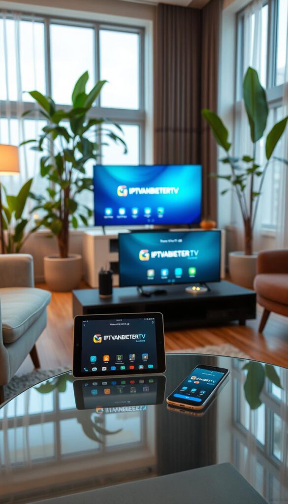 A modern, minimalist living room setting with several electronic devices connected to a central IPTVANBIETERTV service. In the foreground, a sleek smart TV displays the IPTVANBIETERTV interface, with a tablet and smartphone resting on a glass coffee table. The middle ground features a comfortable sofa and armchair, creating a cozy atmosphere. The background showcases large windows allowing natural light to flood the room, with lush indoor plants adding a touch of greenery. The lighting is soft and diffused, creating a warm, inviting ambiance. The overall scene conveys the convenience and flexibility of using IPTVANBIETERTV on multiple devices within a contemporary, tech-savvy home environment.