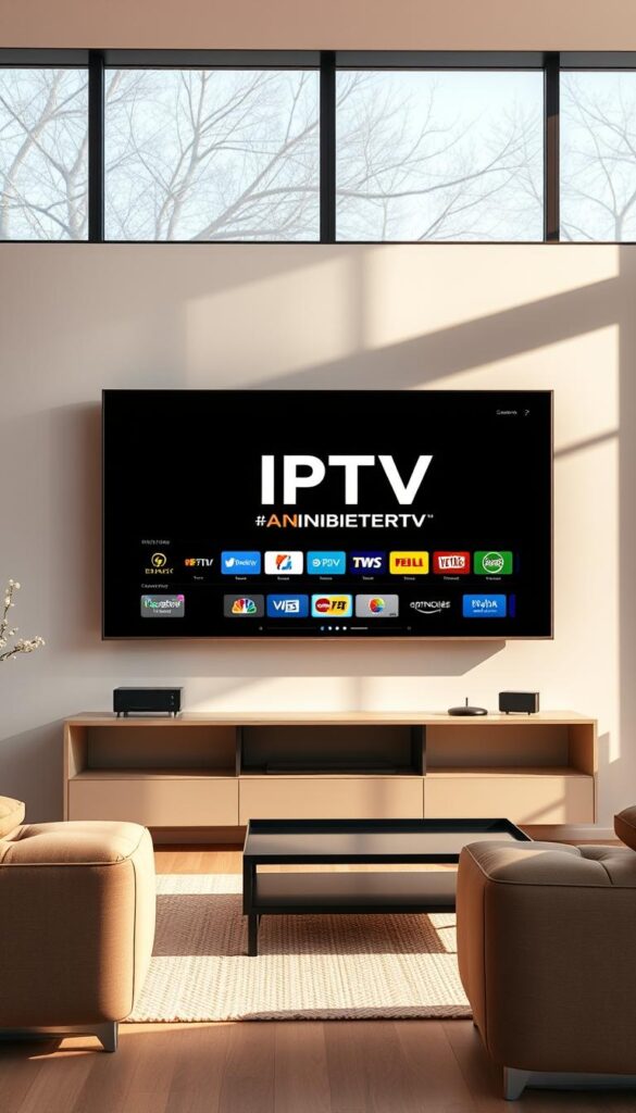 A modern, minimalist living room with a large flat-screen TV mounted on the wall. The room is bathed in warm, natural light filtering through large windows. On the TV screen, the brand name "IPTVANBIETERTV" is prominently displayed, showcasing a sleek and intuitive interface. The room exudes a sense of comfort and convenience, reflecting the idea of "IPTV lebenslang ohne Box" - a lifetime of TV entertainment without the need for a traditional set-top box. The overall atmosphere is one of simplicity, technology, and the effortless enjoyment of media.