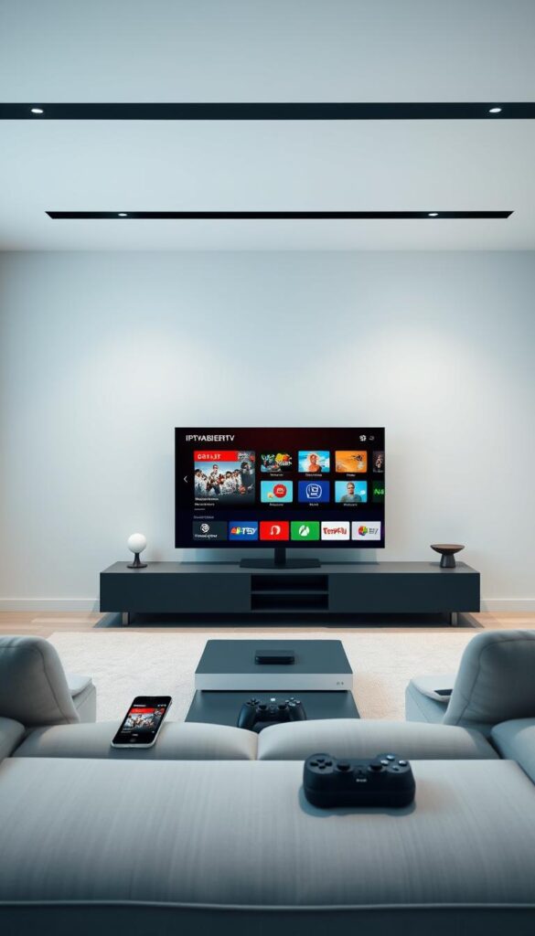 A modern, minimalist living room with a large flatscreen TV displaying the IPTVANBIETERTV interface. A variety of devices - a smartphone, tablet, and gaming console - are positioned around the TV, showcasing the compatibility of the IPTV service across different platforms. Soft, diffused lighting creates a cozy, relaxed atmosphere. The room features clean lines, neutral tones, and minimal decor, placing the focus on the technological capabilities. The overall scene conveys the versatility and accessibility of the IPTV service, allowing users to enjoy content on their preferred devices.