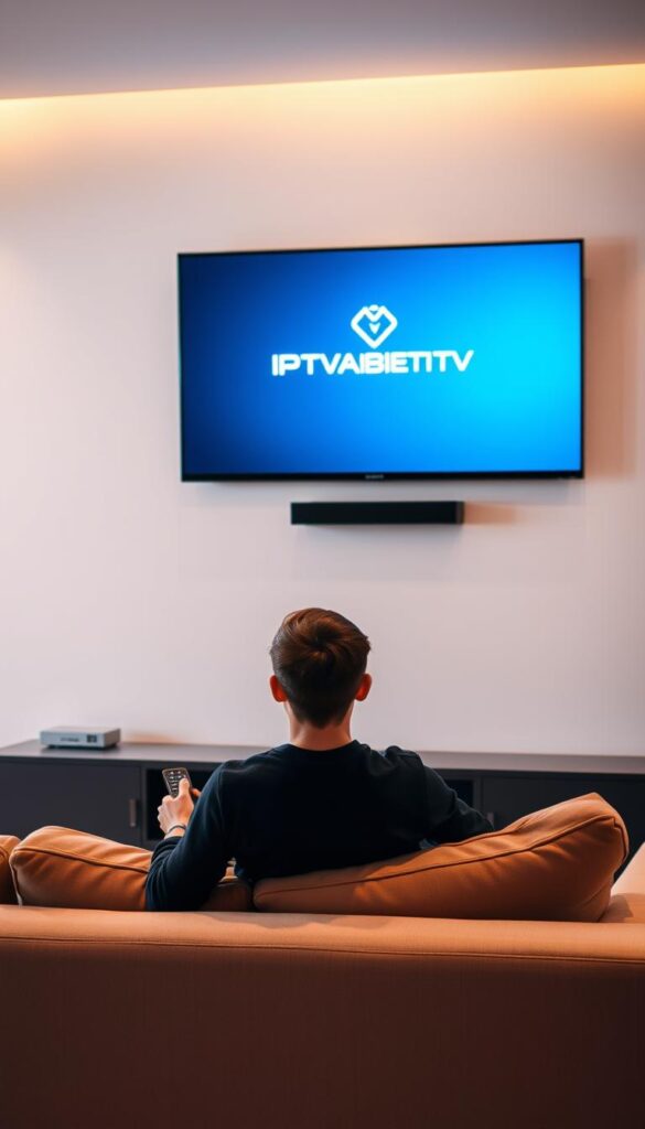 A modern, minimalist living room with a large flatscreen TV mounted on the wall. On the TV screen, the IPTVANBIETERTV logo is prominently displayed, showcasing its sleek and user-friendly interface. The room is bathed in warm, soft lighting, creating a cozy and inviting atmosphere. In the foreground, a young student sits comfortably on a plush sofa, remote in hand, enjoying the flexibility of accessing a wide range of live TV channels and on-demand content on multiple devices. The scene conveys a sense of affordability, convenience, and the seamless integration of IPTV technology into everyday student life.