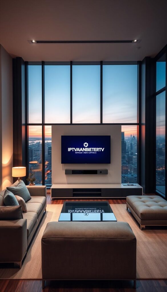 A modern, minimalist living room with a sleek, wall-mounted flat-screen TV displaying the IPTVANBIETERTV logo. Soft, ambient lighting casts a warm glow, creating a cozy, inviting atmosphere. In the foreground, a comfortable, modular couch in a neutral tone provides a focal point. The middle ground features a minimalist, glass-topped coffee table, complementing the clean lines of the space. The background showcases large, floor-to-ceiling windows, offering a panoramic view of a vibrant city skyline at dusk. The overall scene conveys a sense of flexibility, convenience, and the freedom of IPTV without long-term contracts.