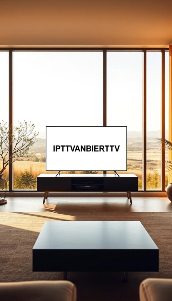 A modern, minimalist living room with large windows overlooking a scenic landscape. On the sleek TV stand, the IPTVANBIETERTV logo is prominently displayed, showcasing its multi-device compatibility. Warm, natural lighting from outside filters in, creating a cozy, inviting atmosphere. The room is sparsely furnished, allowing the focus to remain on the TV and the beautiful view beyond. Subtle earth-toned accents and clean lines contribute to an elegant, sophisticated feel. The composition emphasizes the flexibility and versatility of the IPTV service, visually representing the "Multigeräte-Unterstützung: Flexibles Fernsehen überall" concept.