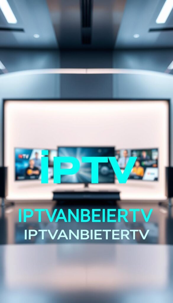 A modern, minimalist logo of the brand "IPTVANBIETERTV" displayed prominently in the foreground, against a sleek, futuristic backdrop. The logo is rendered in a clean, sans-serif typeface with a striking color scheme, perhaps a vibrant blue or green that conveys a sense of technology and innovation. The middle ground features a series of stylized television screens or digital devices, each showcasing various IPTV content and services offered by the company. The background is a softly blurred, high-tech environment, with subtle patterns or geometric shapes that reinforce the brand's cutting-edge image. The overall composition is well-balanced, with a focus on simplicity and visual impact to effectively communicate the company's positioning as the leading IPTV provider in Germany.