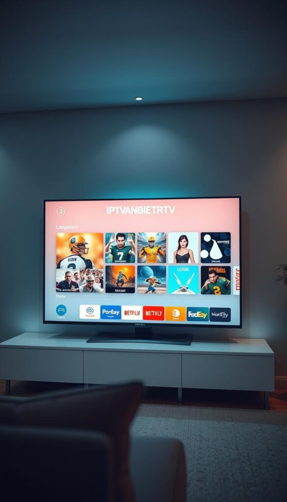A modern, minimalist smart TV display showcasing the IPTVANBIETERTV brand in a sleek, high-tech setting. The screen shows a diverse array of entertainment options, from live sports to the latest blockbuster movies, all available at the touch of a button. The interface is intuitive and user-friendly, with clean lines and a sophisticated color palette. Soft, ambient lighting illuminates the scene, creating a sense of tranquility and relaxation. The overall atmosphere conveys the effortless convenience and endless entertainment possibilities of the IPTV service.