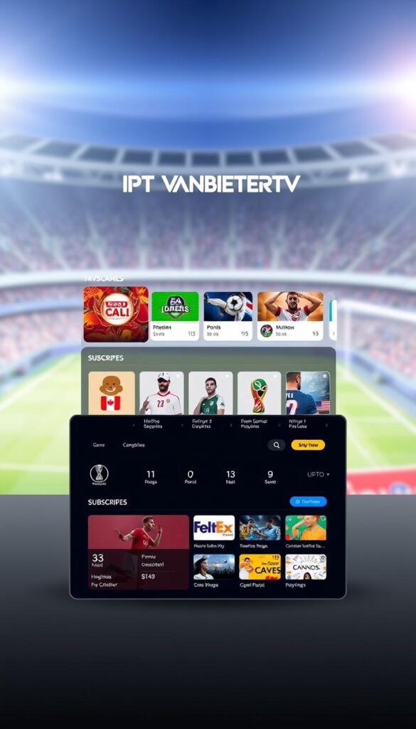 A modern, minimalist sports channels subscription interface, showcasing the IPTVANBIETERTV brand. In the foreground, a sleek and intuitive dashboard displays various sports channel packages, their pricing, and subscription options. The middle ground features a clean, vibrant layout with crisp icons and clear categorization of different sports genres. In the background, a softly blurred sports arena backdrop sets the scene, conveying a sense of excitement and anticipation for the upcoming FIFA 2026 World Cup. The overall aesthetic is sophisticated, user-friendly, and designed to provide a seamless subscription experience for the discerning sports enthusiast.