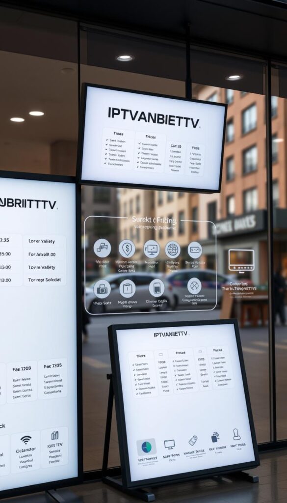 A modern, minimalist storefront display showcasing a range of IPTVANBIETERTV subscription packages. In the foreground, sleek digital screens present pricing tiers and service details in a clean, easy-to-navigate layout. The middle ground features stylized icons and infographics highlighting key IPTV features like channel variety, device compatibility, and customer support. The background is a softly blurred urban cityscape, conveying a sense of urban convenience and connectivity. The overall mood is one of professionalism, affordability, and technological savvy - reflecting the "preiswerte iptv Dienste" offering.