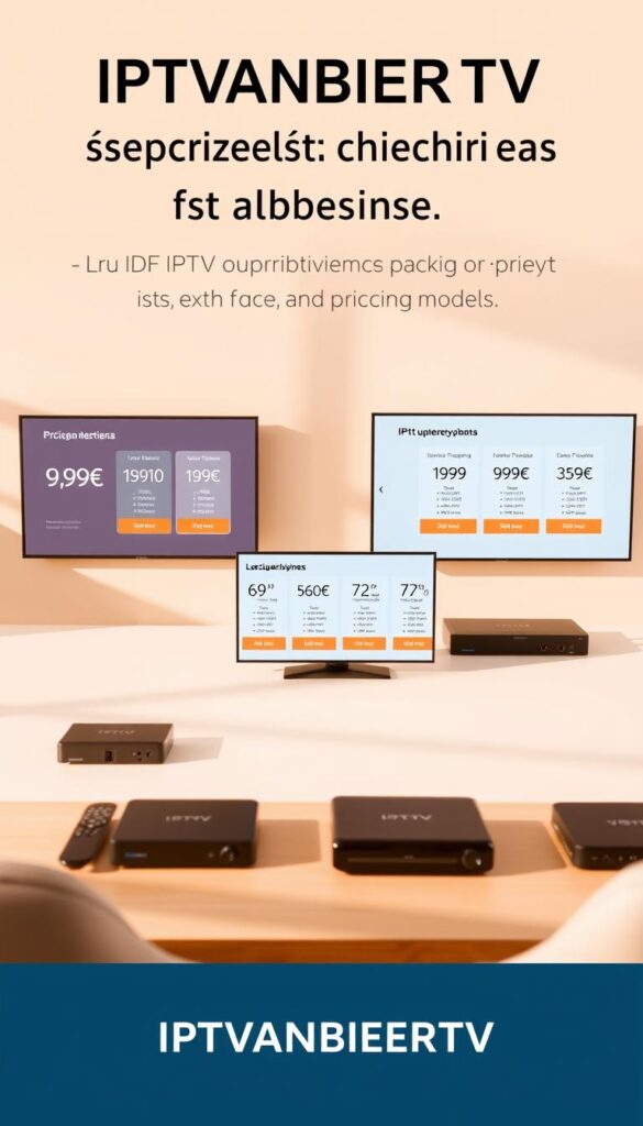 A modern, minimalist-style image showcasing the pricing models and subscription plans of IPTVANBIETERTV, a leading IPTV provider in Germany. The scene depicts a clean, well-lit tabletop with various devices and screens displaying the subscription tiers, ranging from 9.99€ to premium packages. The devices are arranged in a visually appealing layout, highlighting the flexibility and accessibility of the IPTV service. The background features a soft, gradient-based color scheme that complements the overall aesthetic. The lighting is warm and natural, creating a sense of professionalism and trustworthiness. The image should convey the affordability, variety, and user-friendly nature of the IPTVANBIETERTV offerings. A modern, minimalist-style image showcasing the pricing models and subscription plans of IPTVANBIETERTV, a leading IPTV provider in Germany. The scene depicts a clean, well-lit tabletop with various devices and screens displaying the subscription tiers, ranging from 9.99€ to premium packages. The devices are arranged in a visually appealing layout, highlighting the flexibility and accessibility of the IPTV service. The background features a soft, gradient-based color scheme that complements the overall aesthetic. The lighting is warm and natural, creating a sense of professionalism and trustworthiness. The image should convey the affordability, variety, and user-friendly nature of the IPTVANBIETERTV offerings.