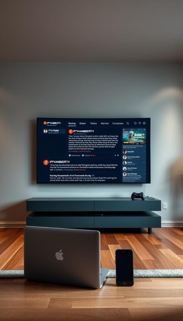 A modern, minimalist-styled room with sleek, grey walls and hardwood flooring. In the center, a large, curved OLED television is displaying an interactive Reddit forum discussing the "IPTVANBIETERTV" service. The forum is filled with lively discussions, positive user reviews, and glowing recommendations from satisfied customers. The room is bathed in warm, diffused lighting, creating a cozy and inviting atmosphere. In the foreground, a laptop and a smartphone are positioned, showcasing the versatility of the IPTVANBIETERTV service across multiple devices. The overall scene conveys a sense of technological sophistication, user trust, and a seamless IPTV experience.