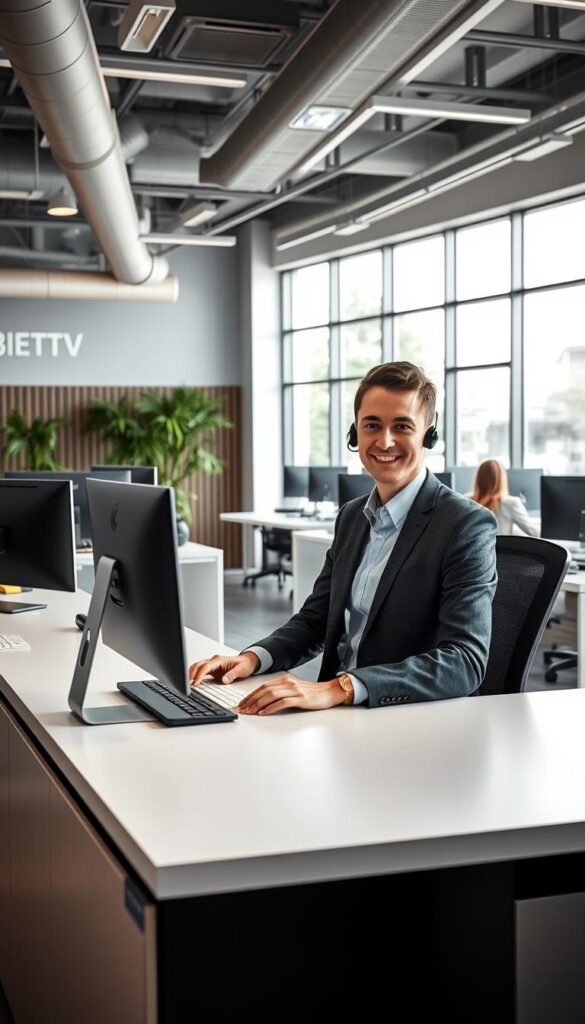 A modern office interior with a cozy, welcoming atmosphere. In the foreground, a helpful customer service representative in a smart business casual outfit sits at a sleek, minimalist desk, ready to assist a customer. The middle ground features rows of computer monitors and neatly organized workstations, conveying a sense of efficiency and professionalism. In the background, large windows allow natural light to flood the space, creating a bright and airy ambiance. The walls are adorned with the IPTVANBIETERTV logo, subtly reinforcing the brand identity. The overall scene emanates a vibe of dependable, high-quality customer support.