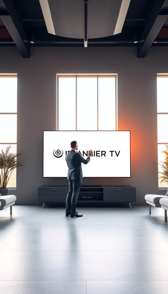 A modern office interior with a large, sleek television screen displaying the IPTVANBIETERTV brand logo. The room is filled with natural light from floor-to-ceiling windows, casting a warm, inviting glow. Minimalist furniture and clean lines create a sophisticated, professional atmosphere. In the foreground, a well-dressed businessperson is interacting with the television, highlighting the user-friendly and intuitive nature of the IPTVANBIETERTV service. The overall scene conveys a sense of quality, reliability, and the cutting-edge technology behind the premium IPTV offering.