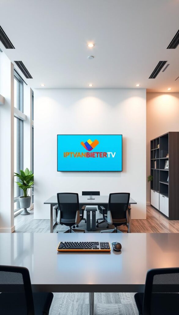 A modern office interior with a sleek, minimal aesthetic. In the center, a large, high-resolution monitor displays the IPTVANBIETERTV logo in bold, vibrant colors. The monitor is set against a clean, white wall, with subtle lighting fixtures casting a warm, professional glow. In the foreground, a minimalist, metal desk with a keyboard and mouse, suggesting a workspace for an IPTV service provider. The middle ground features ergonomic office chairs and modern, angular shelving units, hinting at a dedicated team of experts. The background showcases floor-to-ceiling windows, allowing natural light to flood the space and create a sense of openness and transparency, reflecting the trustworthy and reliable nature of the IPTVANBIETERTV brand.