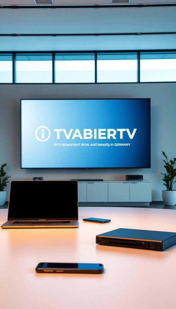A modern office setting with a stylized representation of the IPTVANBIETERTV brand prominently displayed. The foreground features a sleek, minimalist desk with a laptop, smartphone, and a few office supplies, conveying a professional, high-tech atmosphere. The middle ground showcases a large, high-resolution display showcasing the IPTVANBIETERTV logo and branding, illuminated by warm, indirect lighting. The background depicts a clean, contemporary interior with large windows, allowing natural light to flood the space, creating a bright and airy ambiance. The overall scene exudes a sense of technological innovation, reliability, and leadership within the IPTV provider industry in Germany.