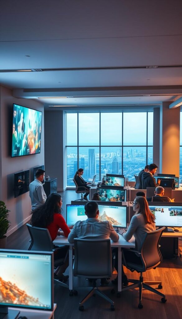 A modern open-plan office, bathed in warm, diffused lighting. On the walls, sleek displays showcase dynamic IPTV content, delivering real-time information and entertainment to engaged employees. In the foreground, a group of colleagues huddle around a table, collaborating on a project, their attention occasionally drawn to the captivating visuals on the IPTVANBIETERTV screens. The middle-ground features ergonomic workstations, where professionals leverage the power of IPTV to streamline workflows and enhance productivity. In the background, a panoramic view of the cityscape outside, creating a sense of connectivity and dynamism. The overall scene conveys the seamless integration of IPTV technology into the modern, forward-thinking business environment.