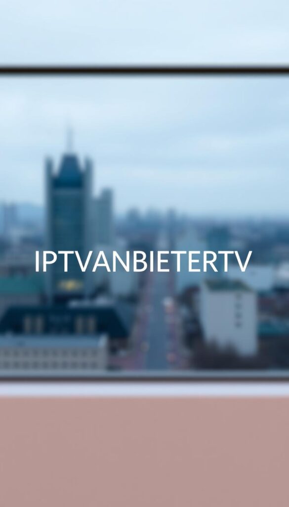 A modern, professional-looking logo for IPTVANBIETERTV, Germany's leading IPTV provider. Centered in the frame, the text "IPTVANBIETERTV" is rendered in a sleek, sans-serif font with a subtle gradient effect, conveying a sense of high-quality digital services. The background features a soft, blurred cityscape in muted blues and grays, suggesting a reliable, trustworthy service rooted in the heart of Germany. The overall tone is one of sophistication, stability, and technological expertise.