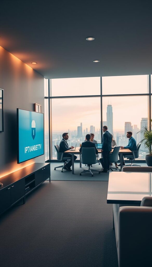 A modern, professional office interior with sleek furniture and clean lines. In the foreground, a large, flat-screen display prominently features the IPTVANBIETERTV logo. The display is mounted on the wall, flanked by tasteful artwork and subtle ambient lighting. In the middle ground, a group of business professionals are engaged in a meeting, collaborating around a polished conference table. The background showcases expansive windows overlooking a dynamic cityscape, bathed in warm, natural light. The overall atmosphere conveys a sense of productivity, technology, and sophisticated enterprise.