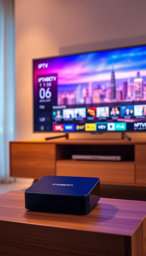 A modern, sleek Android TV box displays the IPTVANBIETERTV interface, showcasing a vibrant, high-definition IPTV streaming experience. The device sits atop a minimalist, wooden entertainment center, bathed in warm, indirect lighting that creates a cozy, inviting atmosphere. The background features a subtle, out-of-focus cityscape, hinting at the global connectivity of internet-based television. The overall composition emphasizes the seamless integration of IPTV technology into the home environment, reflecting the article's focus on understanding this innovative content delivery system.