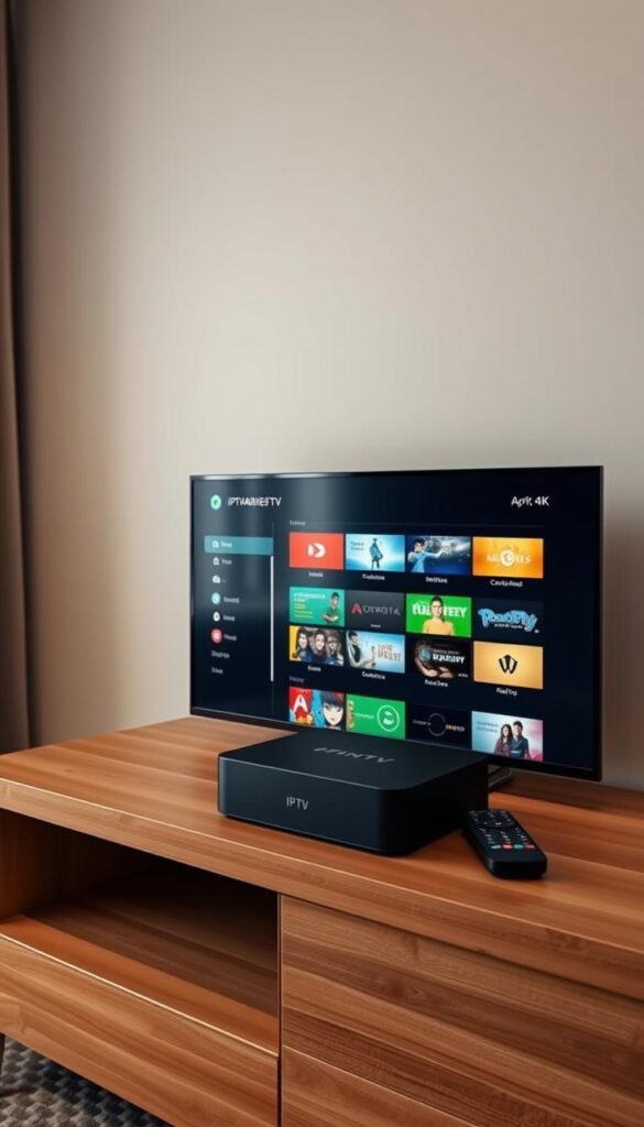 A modern, sleek Android TV box setup with IPTV functionality. The device sits atop a minimalist wooden TV stand, its clean lines and matte black finish complementing the minimalist decor. Soft, ambient lighting illuminates the setup, casting a warm glow. The TV screen displays the IPTVANBIETERTV interface, its intuitive menu and sharp 4K visuals. The remote control rests nearby, ready for effortless navigation. The entire scene conveys a sense of simplicity, efficiency, and high-quality home entertainment.