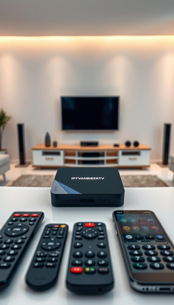 A modern, sleek Android TV box setup with IPTVANBIETERTV logo prominently displayed on the device. In the foreground, multiple remote controls and smartphone devices are arranged, representing the multidevice support. The background showcases a clean, minimalist living room setting with a large, high-definition television screen. Soft, warm lighting illuminates the scene, creating a cozy and inviting atmosphere. The overall composition emphasizes the versatility and seamless integration of the IPTVANBIETERTV service across various platforms, catering to the user's needs for a comprehensive IPTV experience.