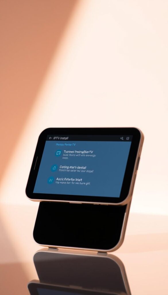 A modern, sleek Android device against a minimalist backdrop. The screen displays the installation process for the IPTVANBIETERTV APK, with crisp icons and a clean user interface. Warm, directional lighting highlights the device's curves, creating depth and emphasizing the steps involved. The atmosphere is one of simplicity and ease of use, inviting the viewer to imagine the seamless installation of this IPTV solution on their own Android device.