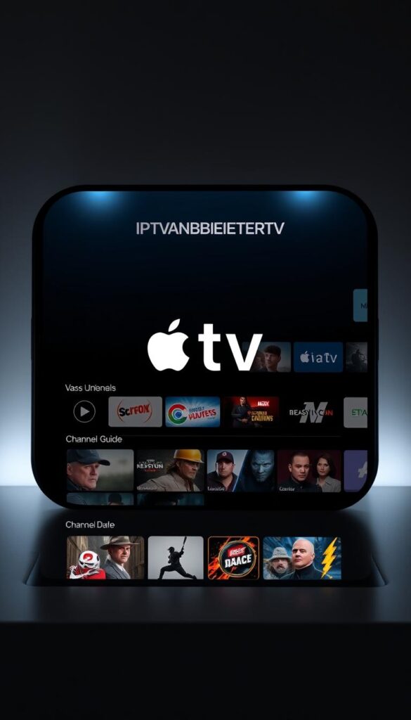 A modern, sleek IPTV app for Apple TV, with a clean and intuitive interface. The app features a striking 4K HDR display, showcasing a vast library of live TV channels, on-demand content, and a user-friendly channel guide. The layout is designed for easy navigation, with smooth transitions and responsive controls. Crisp, realistic lighting illuminates the app's menus and selections, creating a premium, high-quality experience. The IPTVANBIETERTV logo is prominently displayed, establishing the brand's identity. The overall atmosphere is one of sophistication and technological innovation, reflecting the app's advanced capabilities and seamless integration with the Apple TV platform.