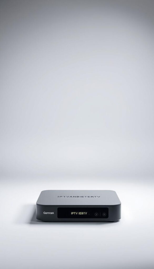 A modern, sleek IPTV box showcased in a well-lit studio setting. The device is centered, presented from a slightly high angle to emphasize its stylish design. The background features a plain, light-colored backdrop, allowing the IPTVANBIETERTV box to be the focal point. Soft, even lighting illuminates the product, highlighting its premium build quality and attention to detail. The image conveys a sense of sophistication and technological prowess, reflecting the high-end IPTV solutions available on the German market.