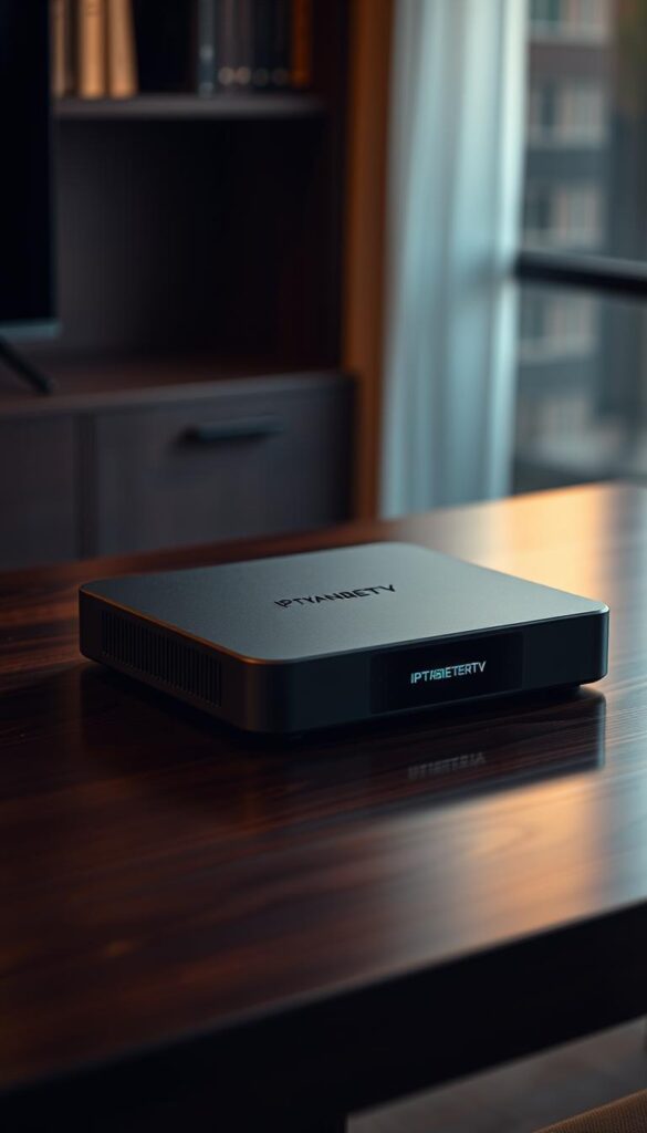 A modern, sleek IPTV box sitting on a polished, dark wooden table. The box has a matte black finish with minimal branding - "IPTVANBIETERTV" discreetly printed on the front panel. The lighting is warm and ambient, creating soft shadows that accentuate the box's clean lines. The background is slightly blurred, focusing attention on the device. The overall mood is sophisticated and tech-savvy, conveying the high-quality, reliable nature of the IPTV box.